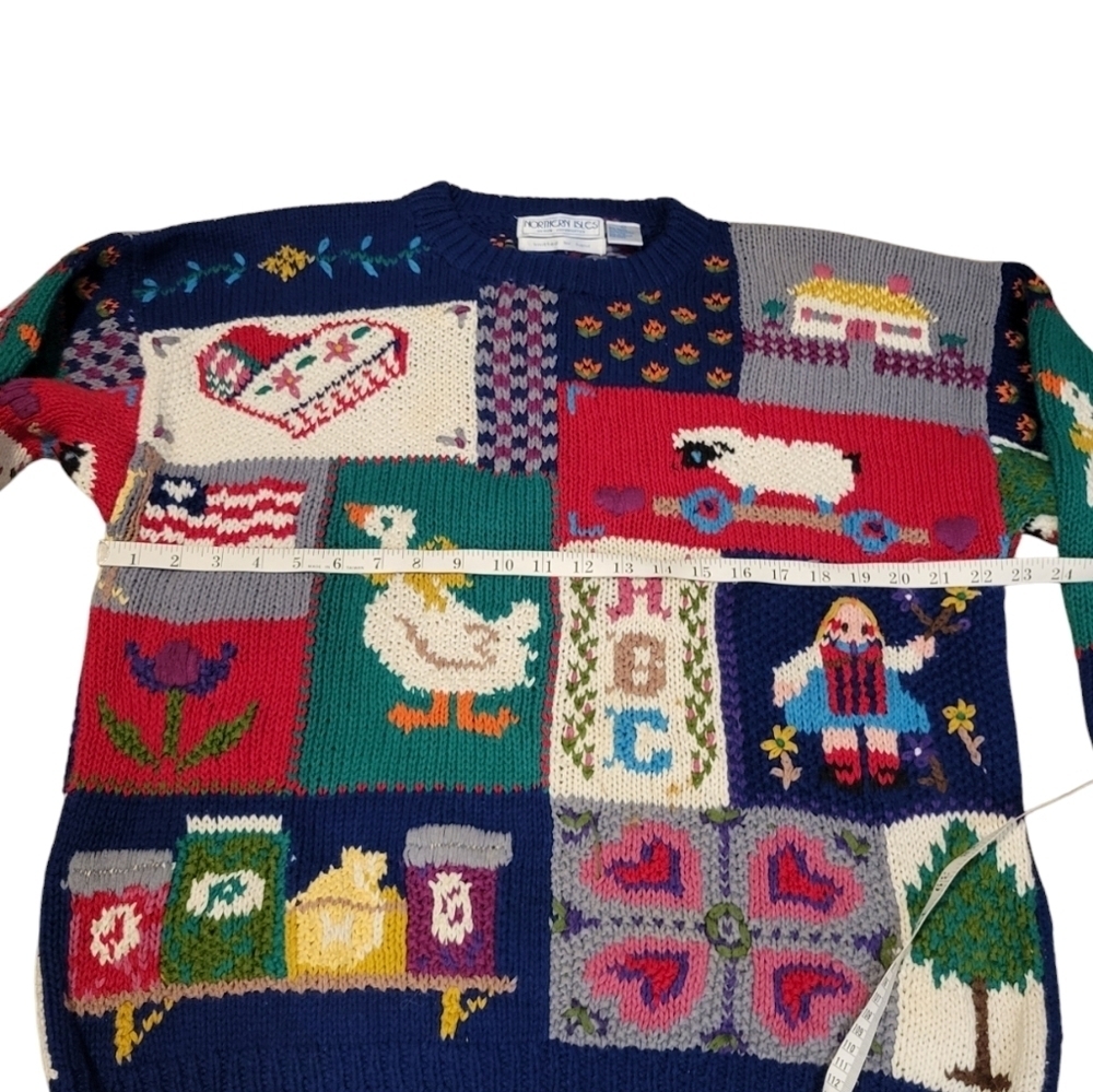 Vintage Northern Isles Hand Knit Granny Nursery Rhyme Patchwork Sweater SZ Large - Picture 5 of 11